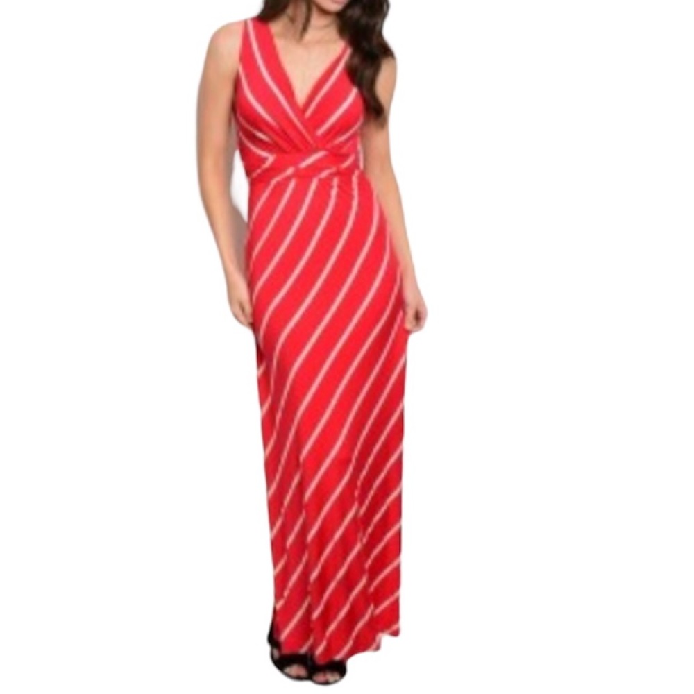Red Ivory Striped Print Sleeveless Long Maxi Dress